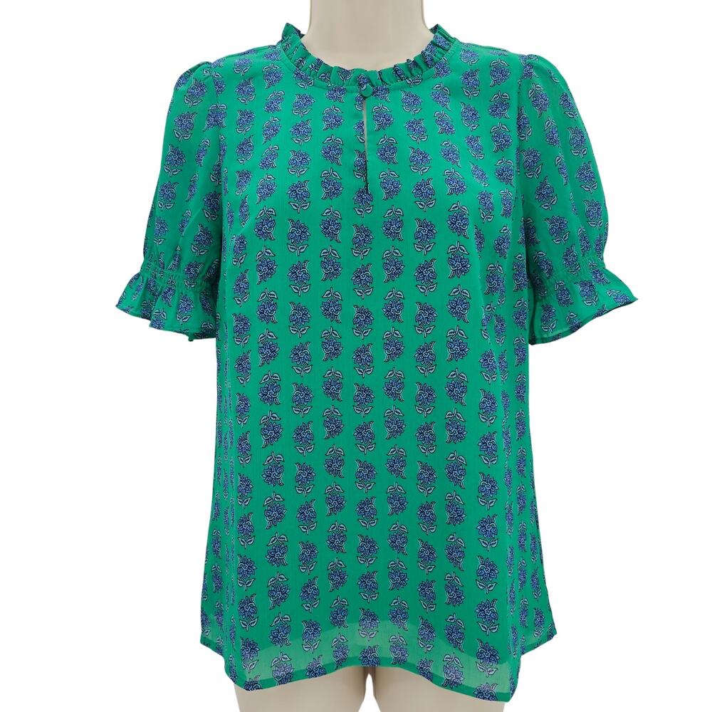 J. Crew Womans size XXS Short Sleeve Floral Ruffle Neckline Top Green CN030 NEW